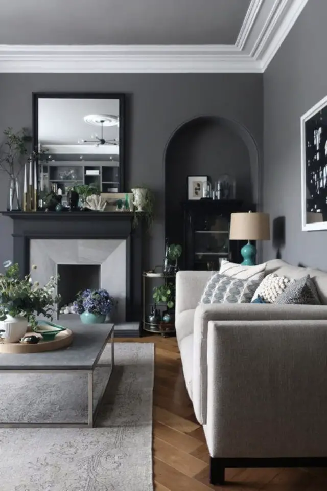 deco interieur couleur gris exemple salon style classique chix mur gris sombre et moulure blanche plafond