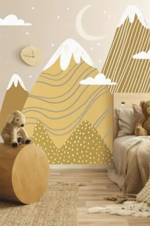 decoration chambre enfant nature exemple motif décor mural montage jaune et ocre