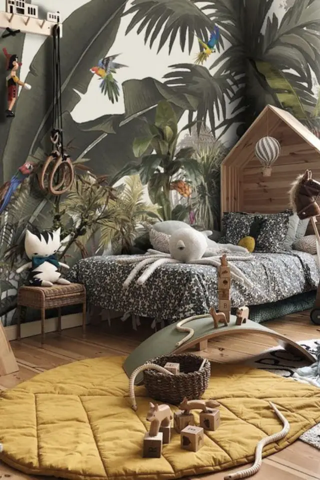 decoration chambre enfant nature exemple décor jungle ludique papier peint et animaux sauvages