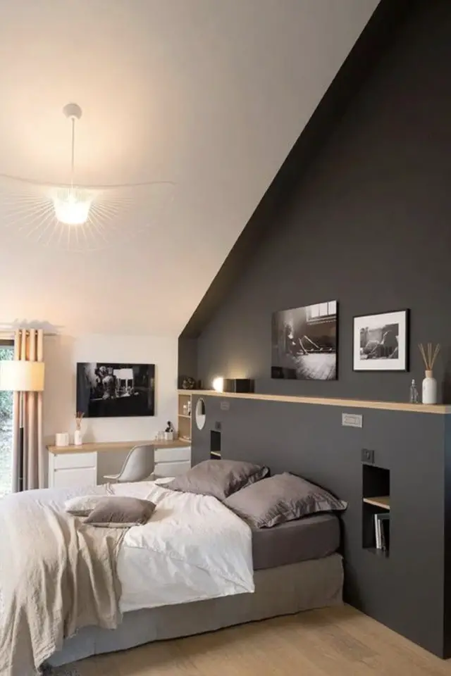 chambre combles moderne couleur exemple mur gris anthracite couleur contemporaine etagere bois peinture