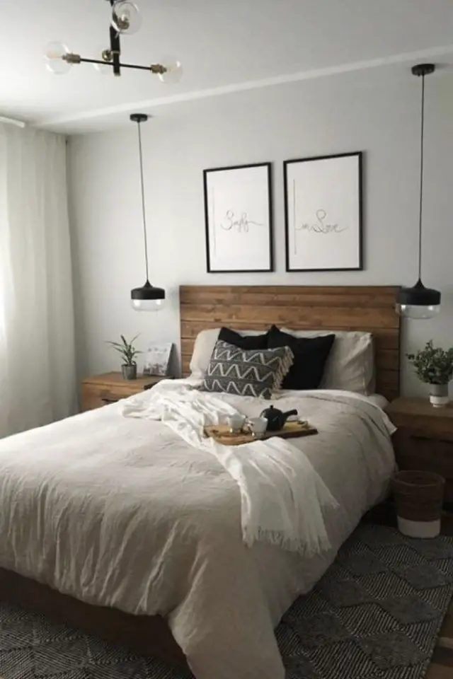 chambre lumineuse couleur exemple peinture mur gris clair neutre tête de lit bois