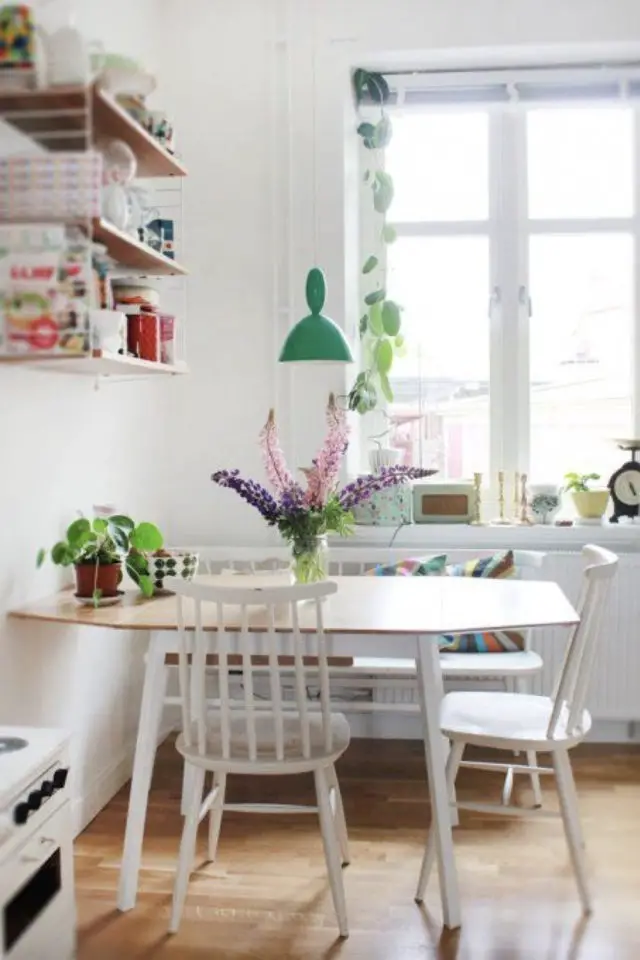 coin repas exemple gain de place cuisine scandonave moderne plantes etagere murale table ovale moderne chaises bistrot blanche