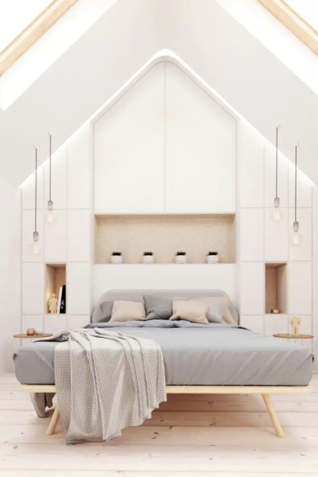 deco moderne chambre mansarde exemple épurée grand dressing niche tête de lit