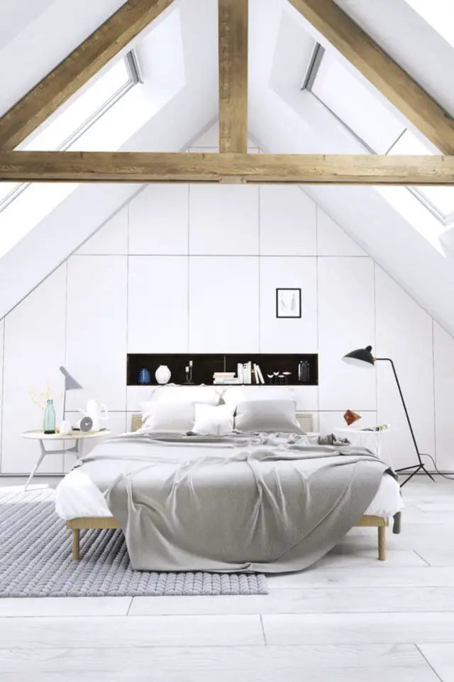 deco moderne chambre mansarde exemple aménagement sur mesure soupente niche charpente bois contraste blanc