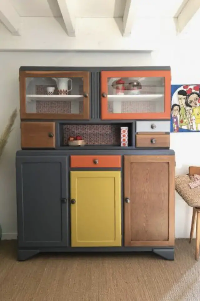 diy relooking meuble exemple buffet made vaisselier bois jaune orange gris peinture