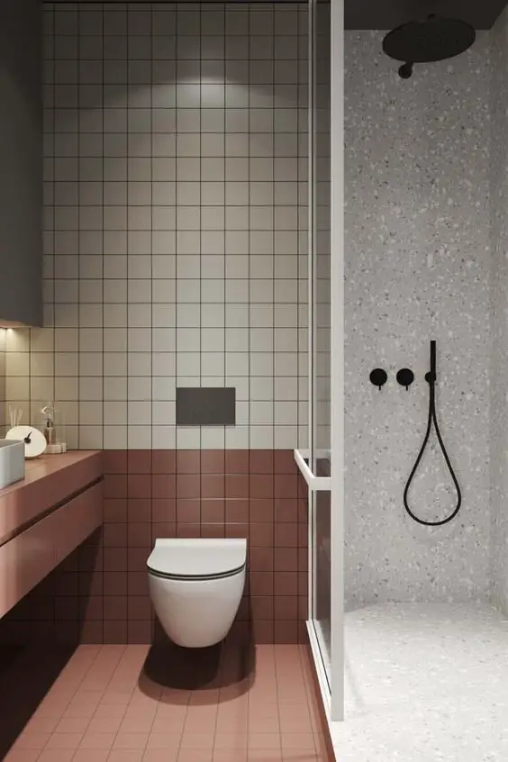gain de place petite salle de bain exemple toilettes carrelage bicolore
