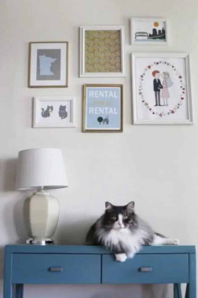lifestyle chat decoration murale console bleu lampe à poser entrée salon séjour
