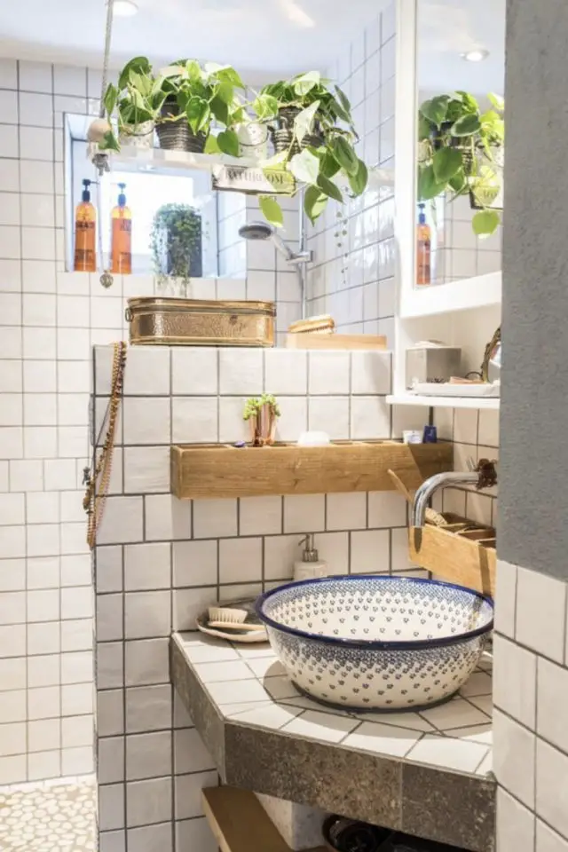 petite salle de bain plantes vertes exemple plantes suspendues lave main angle