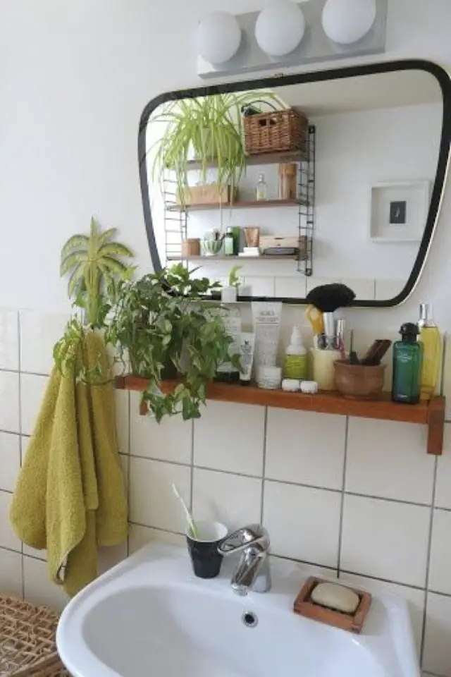 petite salle de bain plantes vertes exemple miroir rétro tablette de salle de bain étagère