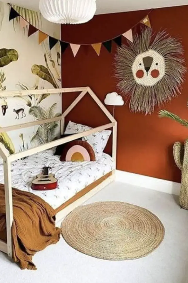 chambre enfant couleur moderne exemple terracotta blanc lit cabane nature