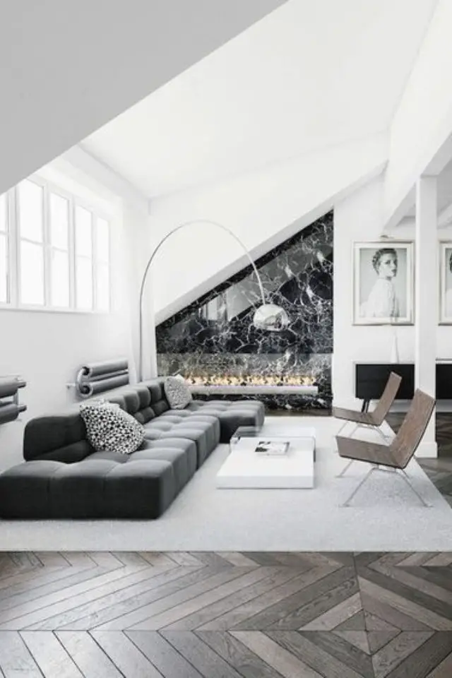 combles amenages salon modernes exemple canapé bas gris cosy design tapis gris marbre