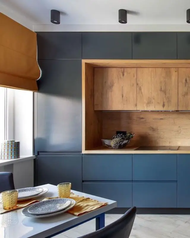 cuisine bleue moderne bois épurée contemporaine