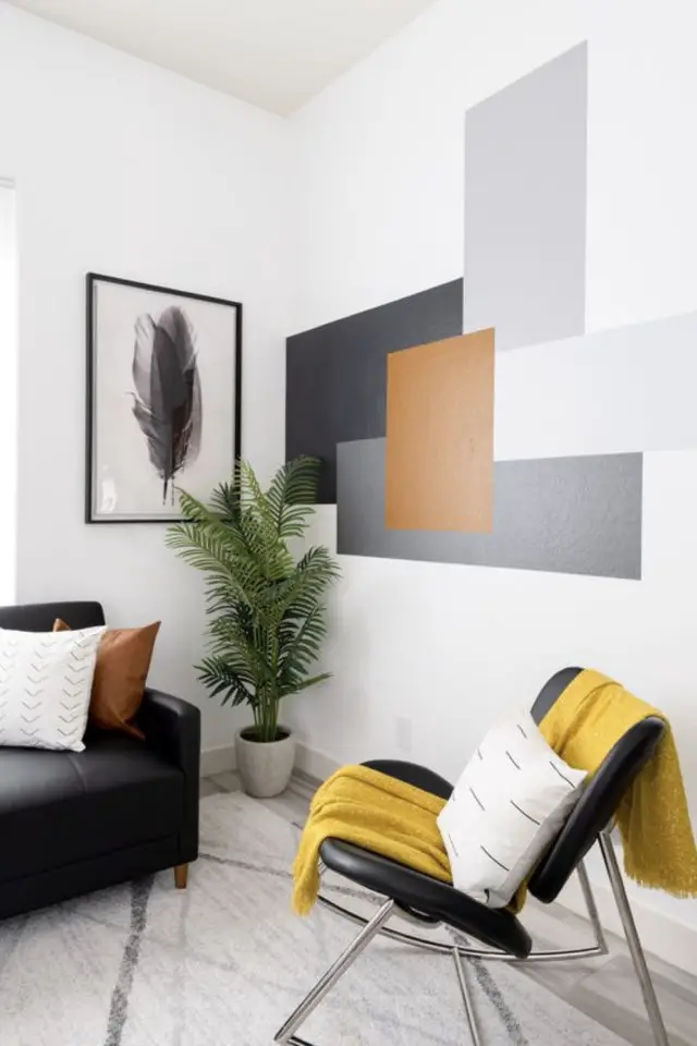 exemple peinture murale originale géométrique salon séjour pièce à vivre carré et rectangles gris noir blanc terracotta