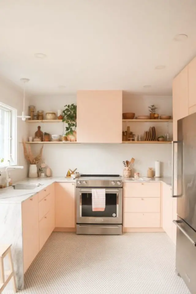petite cuisine couleur exemple rose pastel mobilier façade