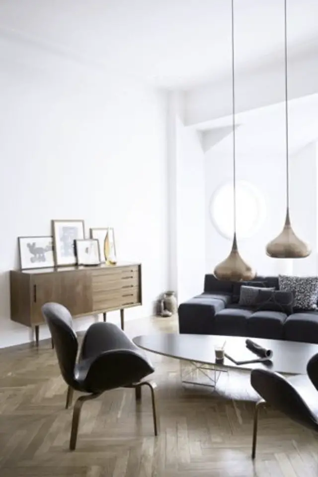salon decoration style masculin exemple ambiance minimaliste épurée essentiel meuble rétro vintage cuir fauteuil canapé enfilade vintage