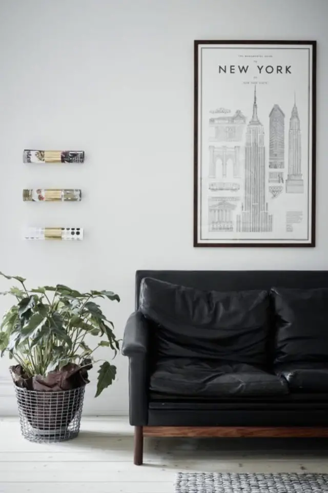 salon decoration style masculin exemple détail déco plante canapé cuir noir cadre mur illustration