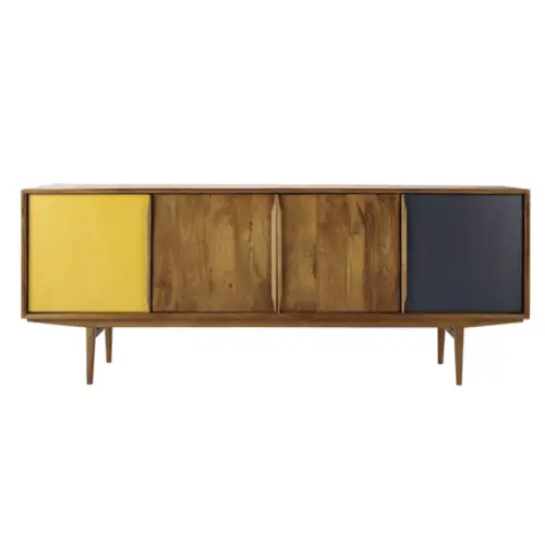 salon sejour mid century buffet enfilade 4 portes bois couleurs jaune noir