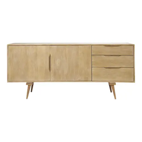 salon sejour mid century buffet enfilade bois clair portes et tiroirs pied obliques