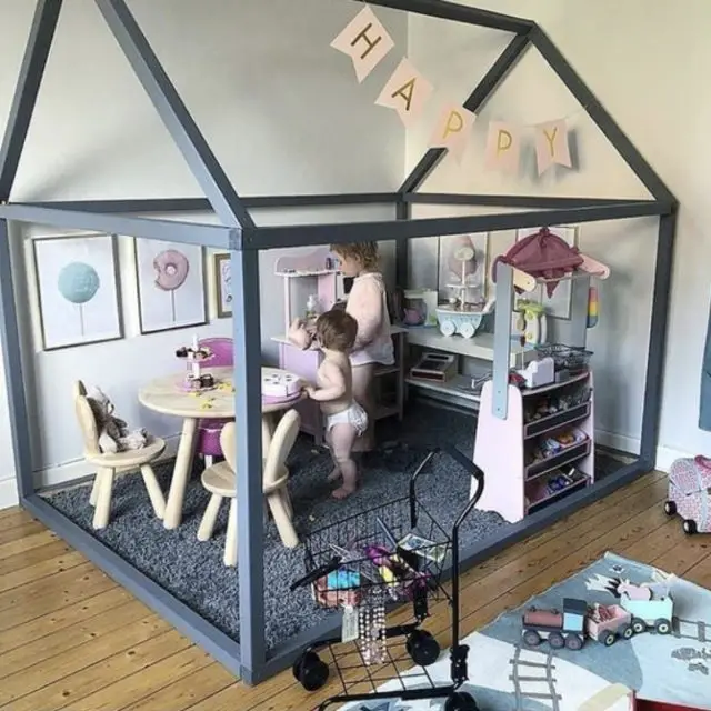 DIY deco lit cabane enfant espace jeu tapis peinture grise