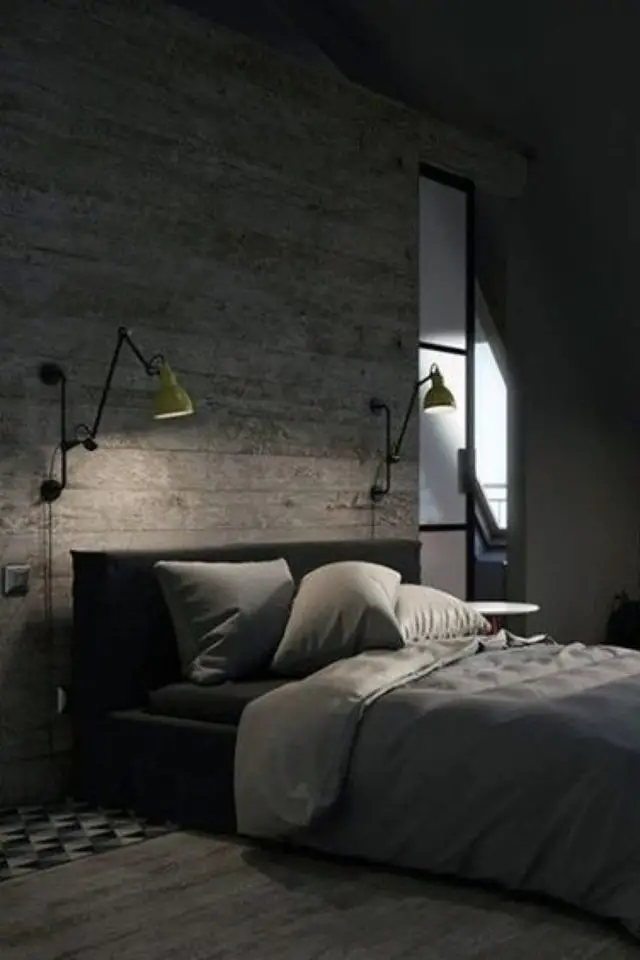 chambre a coucher style masculin exemple élégante simple sobre mur en pierre applique murale lampe de chevet
