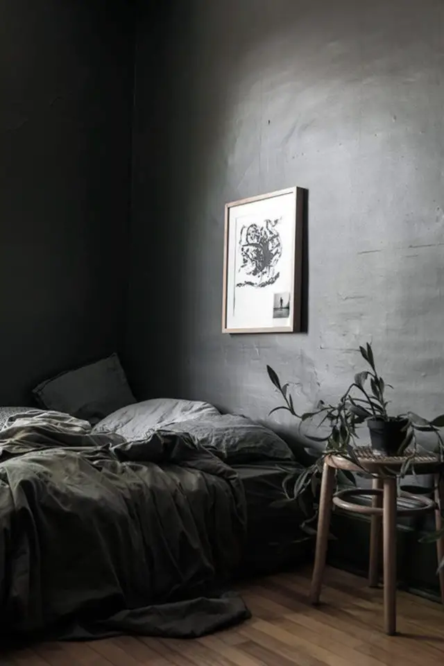 chambre a coucher style masculin exemple béton ciré effet minimaliste épuré gris tabouret table de chevet simplicité
