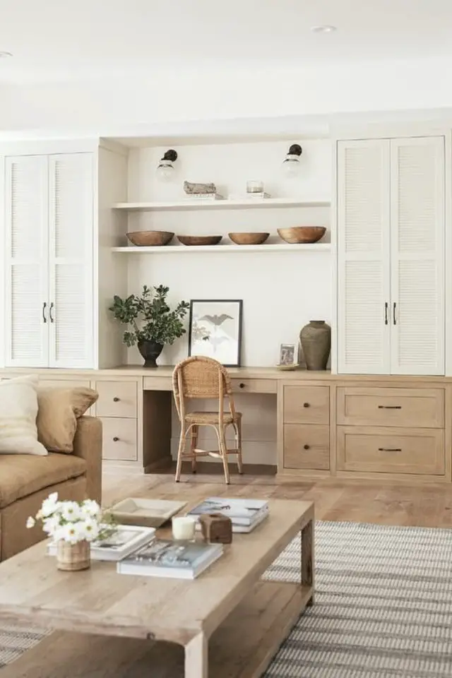 espace bureau salon exemple meuble rangement sur mesure avec espace de travail déco bois et blanc