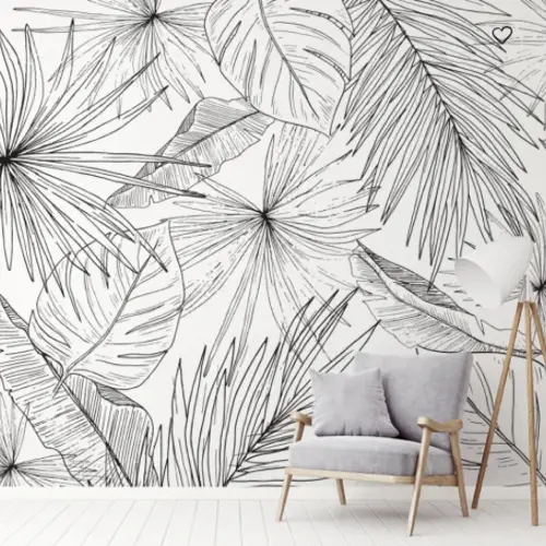 ou trouver papier peint noir blanc motif vegetal grande feuille dessin contour tropical exotique