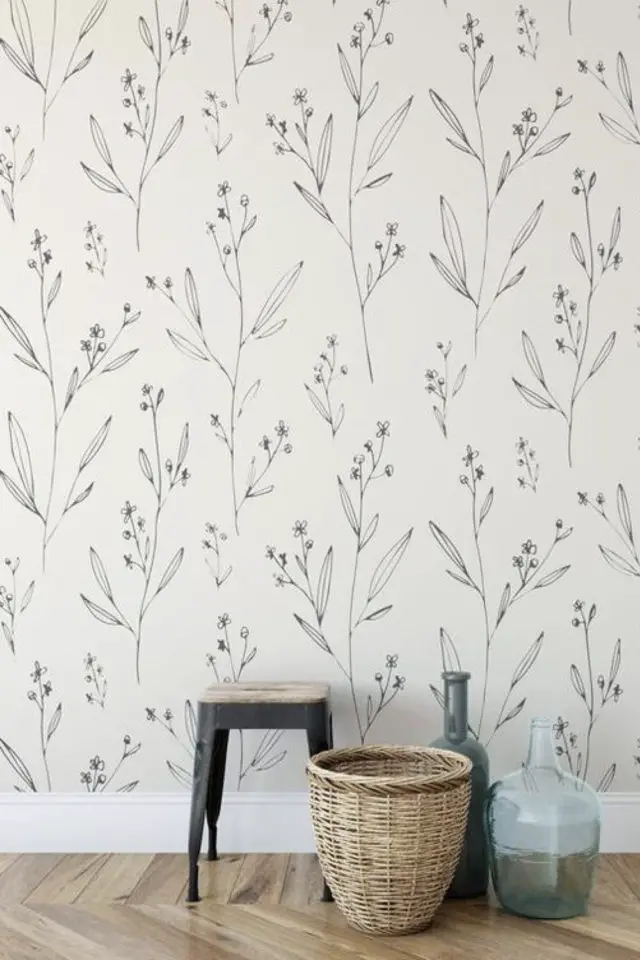 papier peint floral noir et blanc petit motif discret végétal