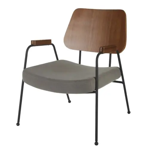 amenagement chambre petit bureau fauteuil bois foncé et tissus gris style mid century modern