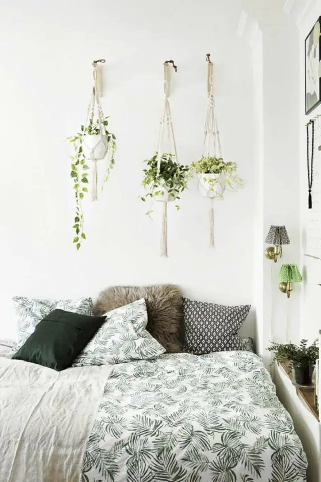comment suspendre plantes vertes chambre à coucher déco murale dessus lit