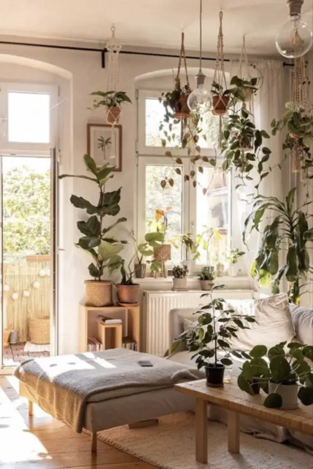 happy small living decoration petit logement petit salon moderne canapé gris lumière naturelle et plantes vertes grande quantité