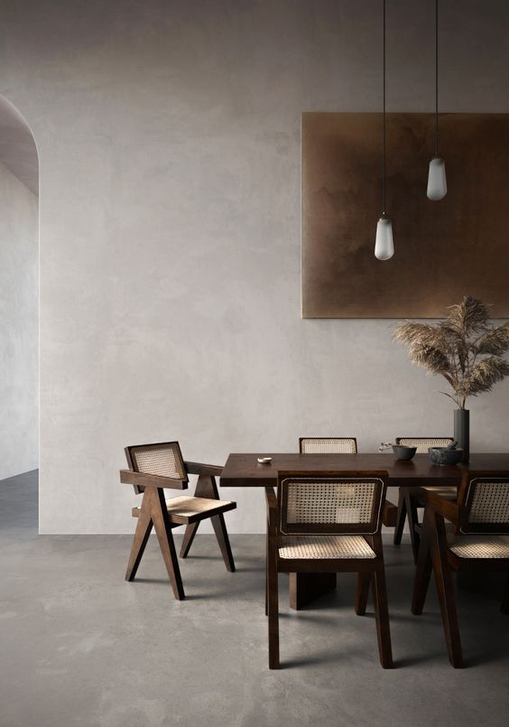 interieur minimaliste chaleureux exemple salle à manger mobilier rétro vintage revêtement mural matière