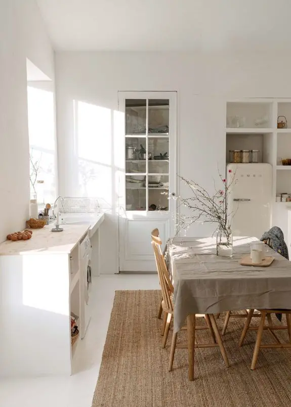 interieur minimaliste chaleureux exemple ambiance cuisine familiale épurée blanc beige écru