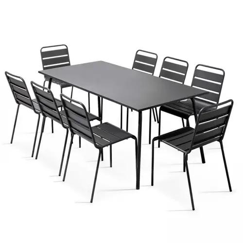 jardin tendance confort 2021 table extérieur en métal grande 8 couverts + 8 chaises assorties couleur noire 