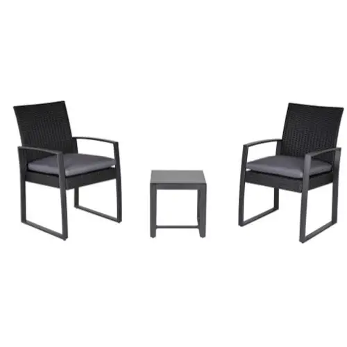 mobilier jardin pas cher salon extérieur noir gris foncé avec petite table basse carrée et 2 fauteuils