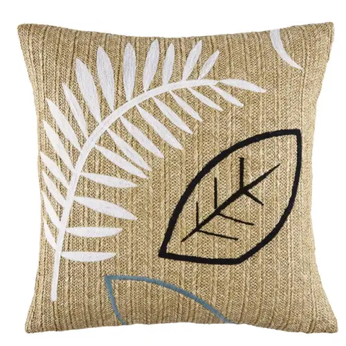 petit balcon cofortable shopping coussin effet jute pour extérieur couleur naturelle imprimé feuille tropicale