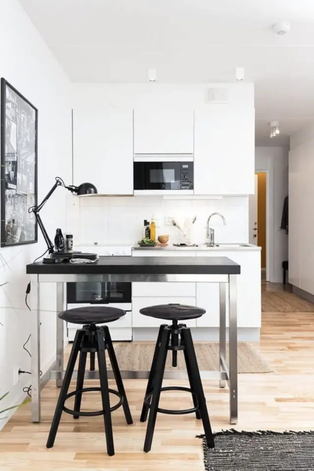 petit logement minimalisme exemple cuisine ouverte plan de travail îlot table haute