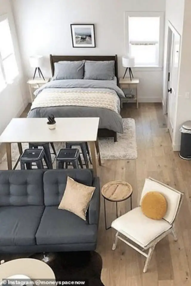 petit logement minimalisme exemple agencement studion chambre séjour salon canapé coin repas