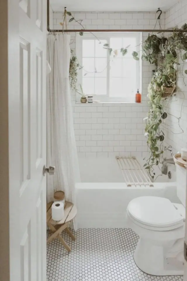petite salle de bain blanche lumineuse moderne simple baignoire plante toilette