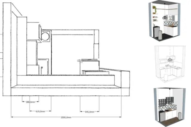 agencement cuisine 3m2 plan vue 3D différentes possibilité gain de place