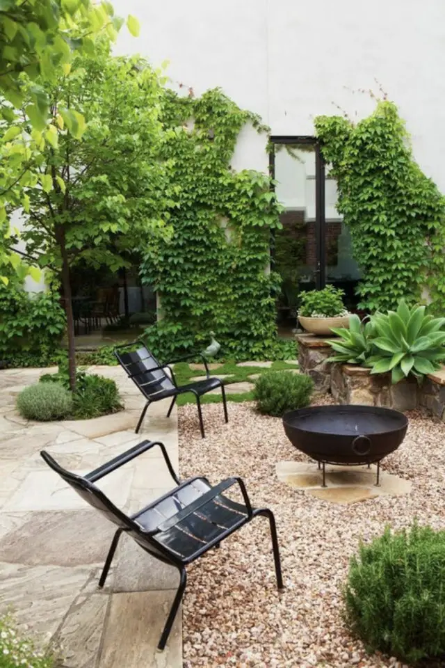 brasero exemple amenagement jardin outdoor foyer extérieur plante gravier terrasse