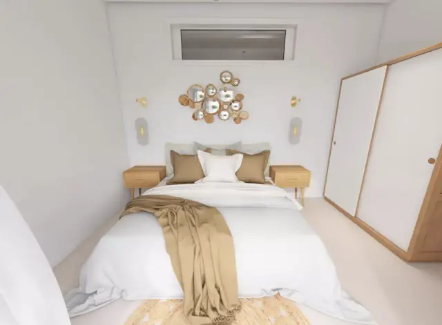 chambre deco boheme moderne lit blanc armoire blanche et bois accumulation murale textiles lin neutre et naturel