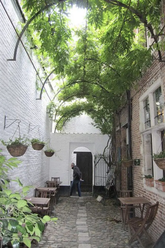exemple exterieur en longueur jardin pergola verdoyante entre 2 murs