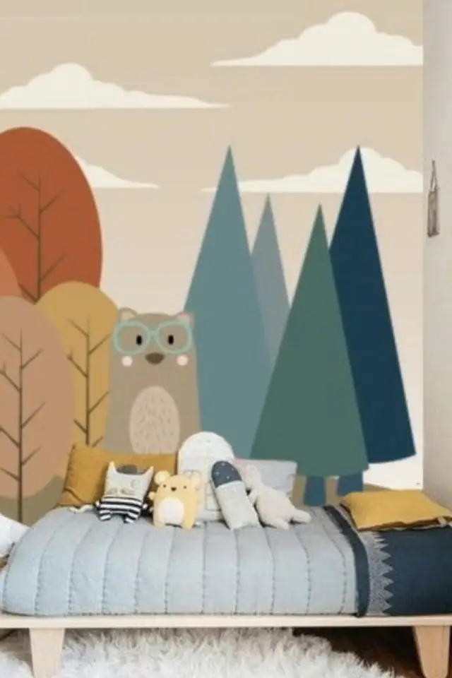 fresque murale chambre enfant exemple fond beige forêt arbre géométrique  duo couleur froide et chaude