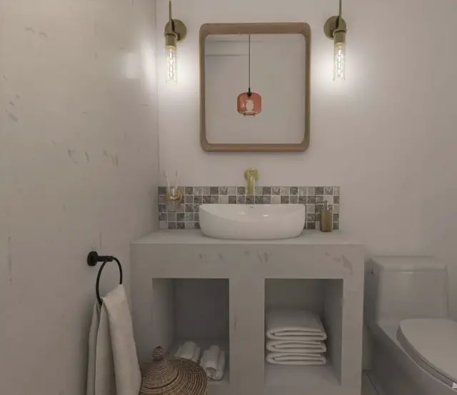 salle de bain moderne exemple meuble vasque en béton ciré crédence mosaïque