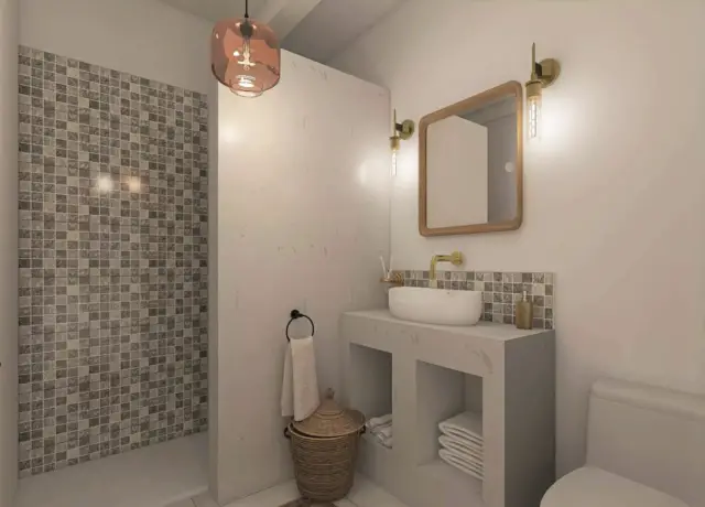 salle de bain moderne exemple douche carreaux ciment meuble vasque style Méditerranée 