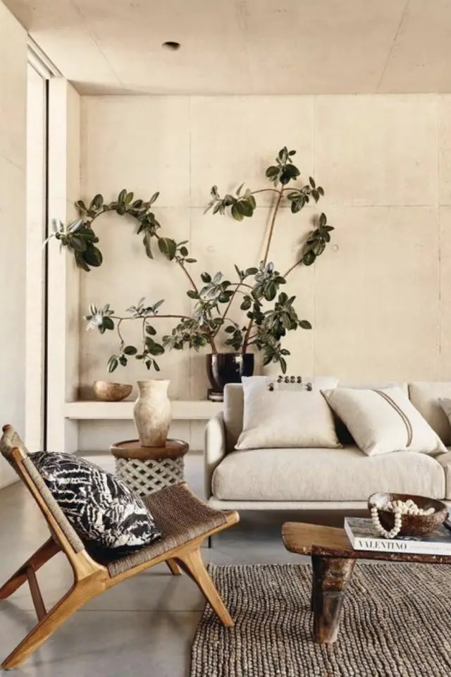 slow deco salon chaise cannage canapé beige greige plante XL inspiration