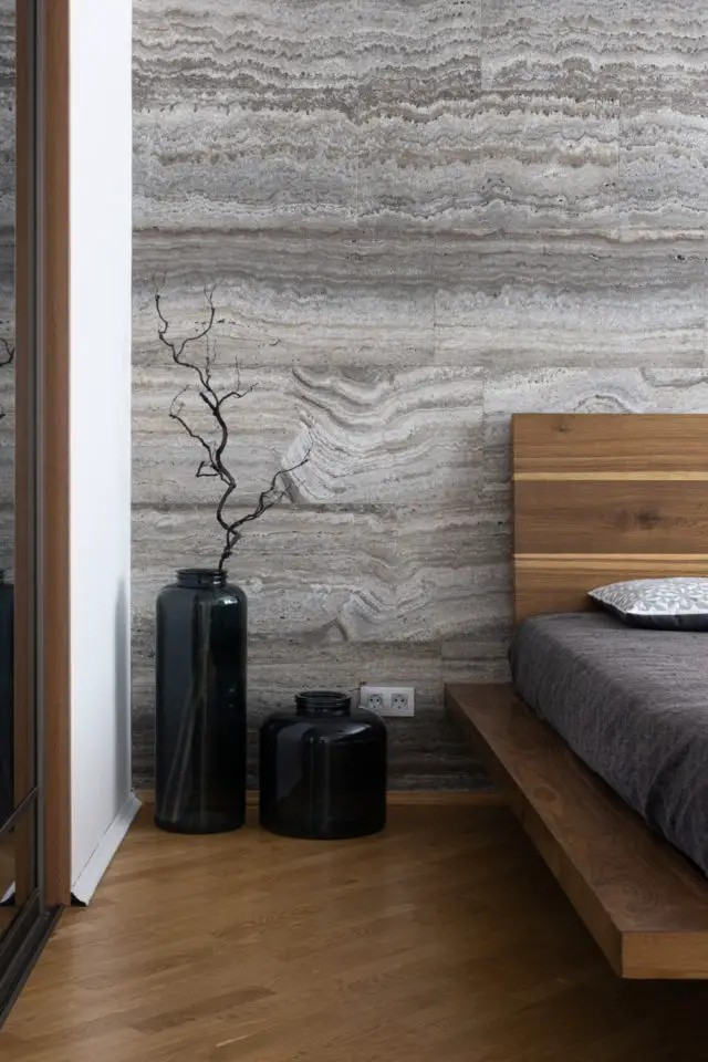 interieur slow design petit budget chambre à coucher adulte revêtement mural bois lit bois naturel épuré