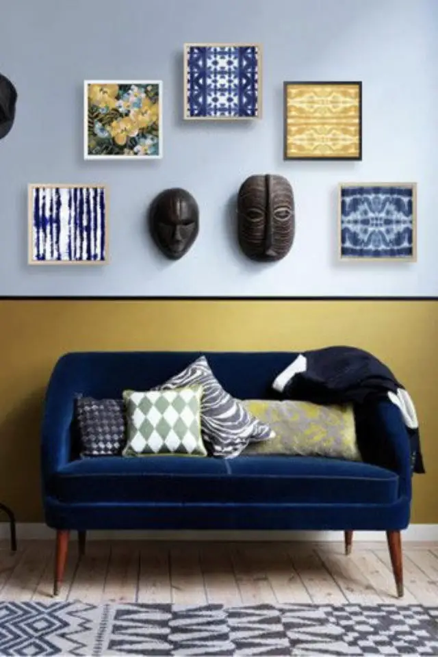 soubassement peinture couleur exemple contraste jaune bleu chaud froid canapé moderne