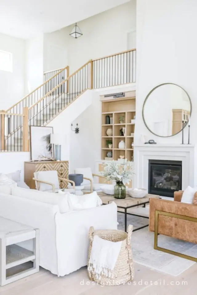 exemple amenagement escaliers ouverts salon décor moderne slow design blanc bois familial
